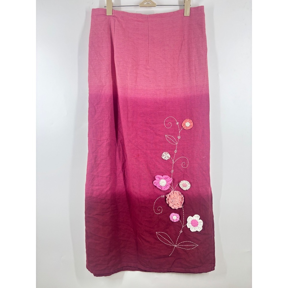 Pink Ombre Floral Embroidered Wrap Maxi Skirt Boho‎ 3D Applique Cottagecore M
